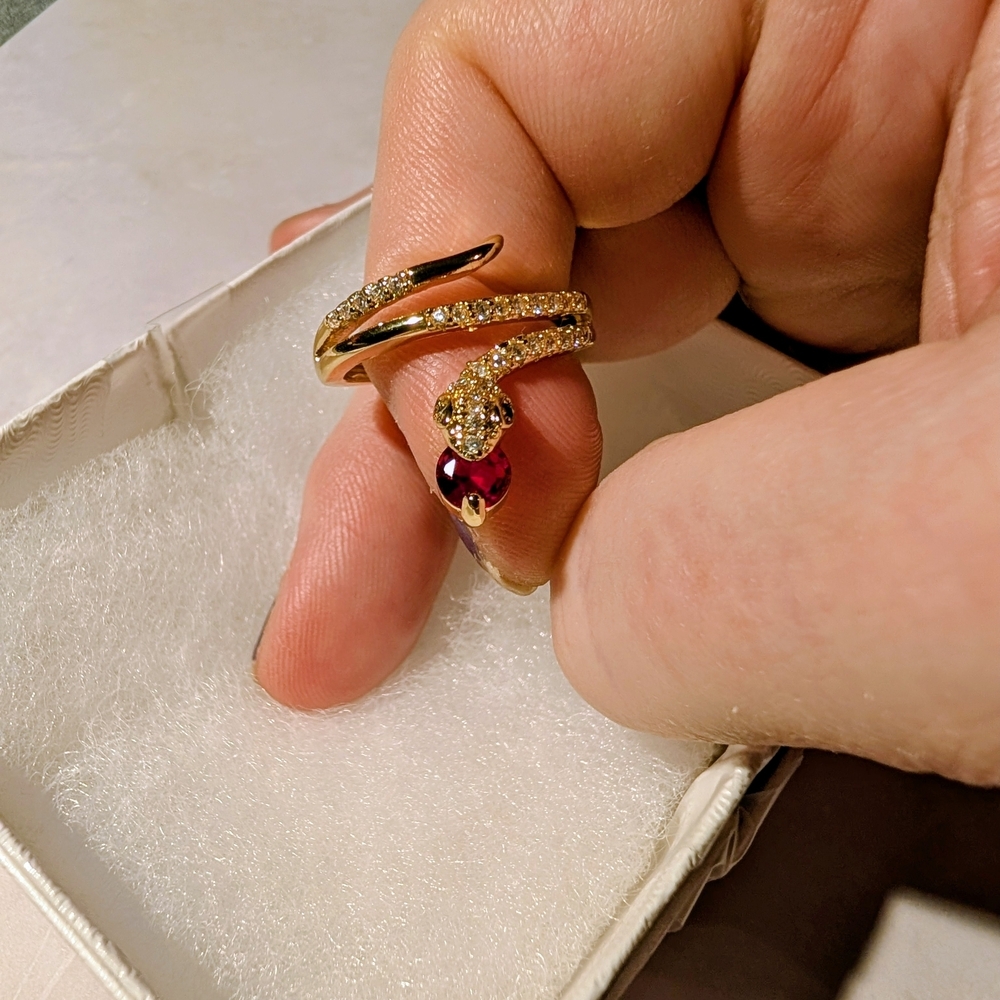 Gold Snake Ring with Red Gemstone Adjustable New - Picture 3 of 5